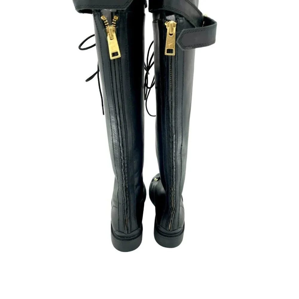 Joie Gryffin Over the Knee Boots Lace Up Buckle Black Leather  EU 36 New